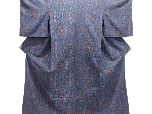 よろけ縞に花菱模様織出し手織り真綿小千谷紬単衣着物